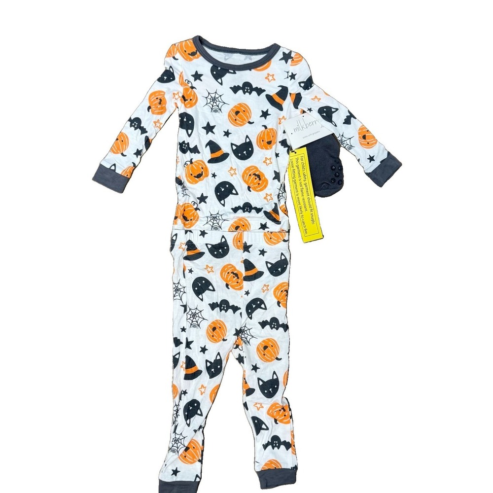 NWT Milkberry Halloween Cats & Pumpkin Bamboo Pajama Set 12m 3pc Set Pajamas